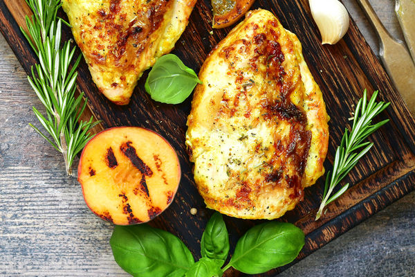 Basil-Garlic Chicken Breasts with Grilled Balsamic Apricots