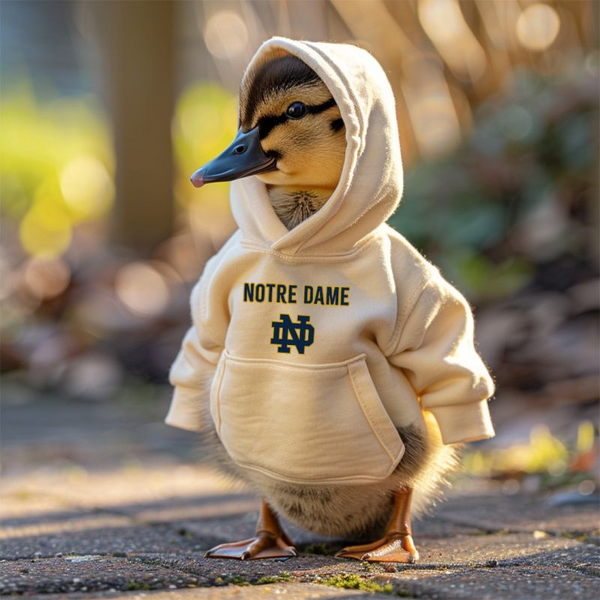 Lundberg Family Farms baby duckling wearing a small Notre Dame sweatshirt