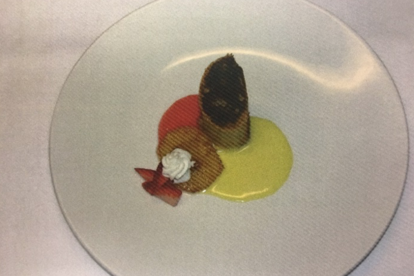 Banana Chocolate Strudel with Caramelized Pineapple, Glazed Strawberries, Crème Anglaise and Strawberry Sauce