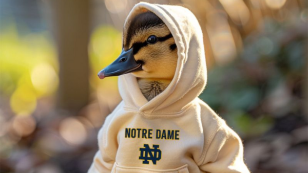 Lundberg Family Farms baby duckling wearing a small Notre Dame sweatshirt