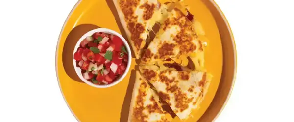 A Barberitos quesadilla with salsa on a yellow plate.